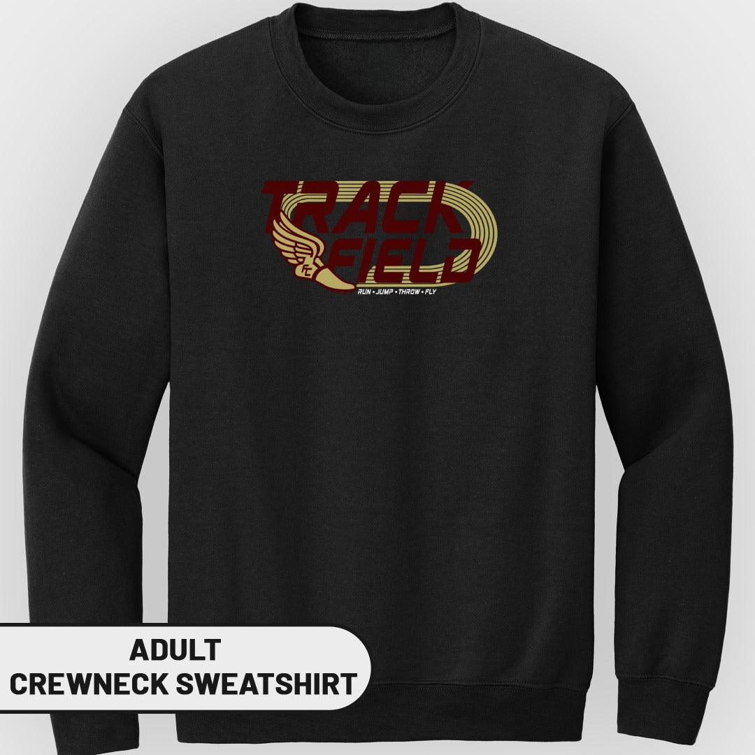 Black adult crewneck sweatshirt with maroon and gold "Track Field" text and graphic.