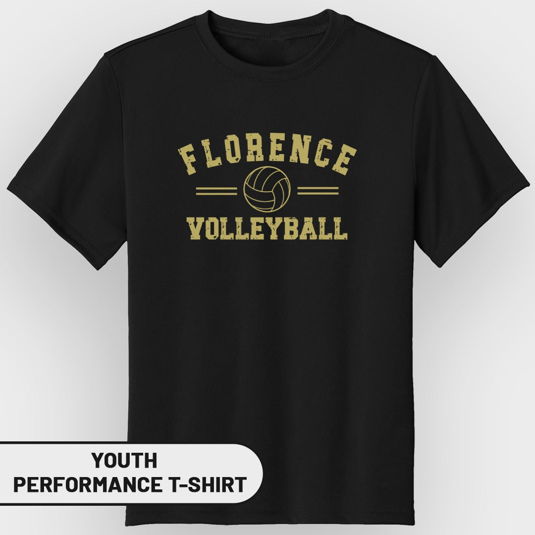 Black youth performance t-shirt with "Florence Volleyball" and volleyball graphic.