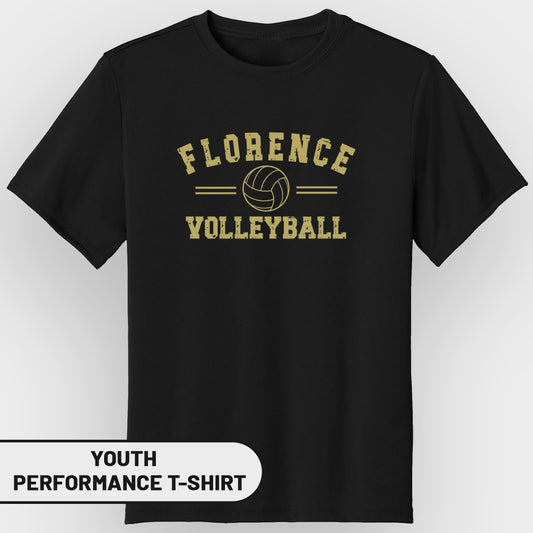 Black youth performance t-shirt with "Florence Volleyball" and volleyball graphic.
