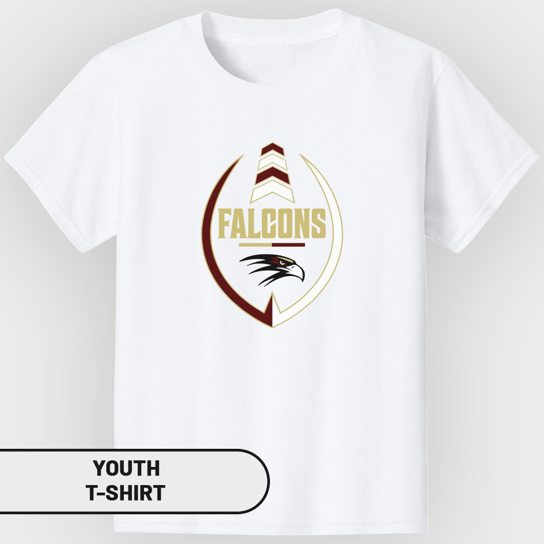 White youth t-shirt with "FALCONS" text and a stylized falcon head logo.