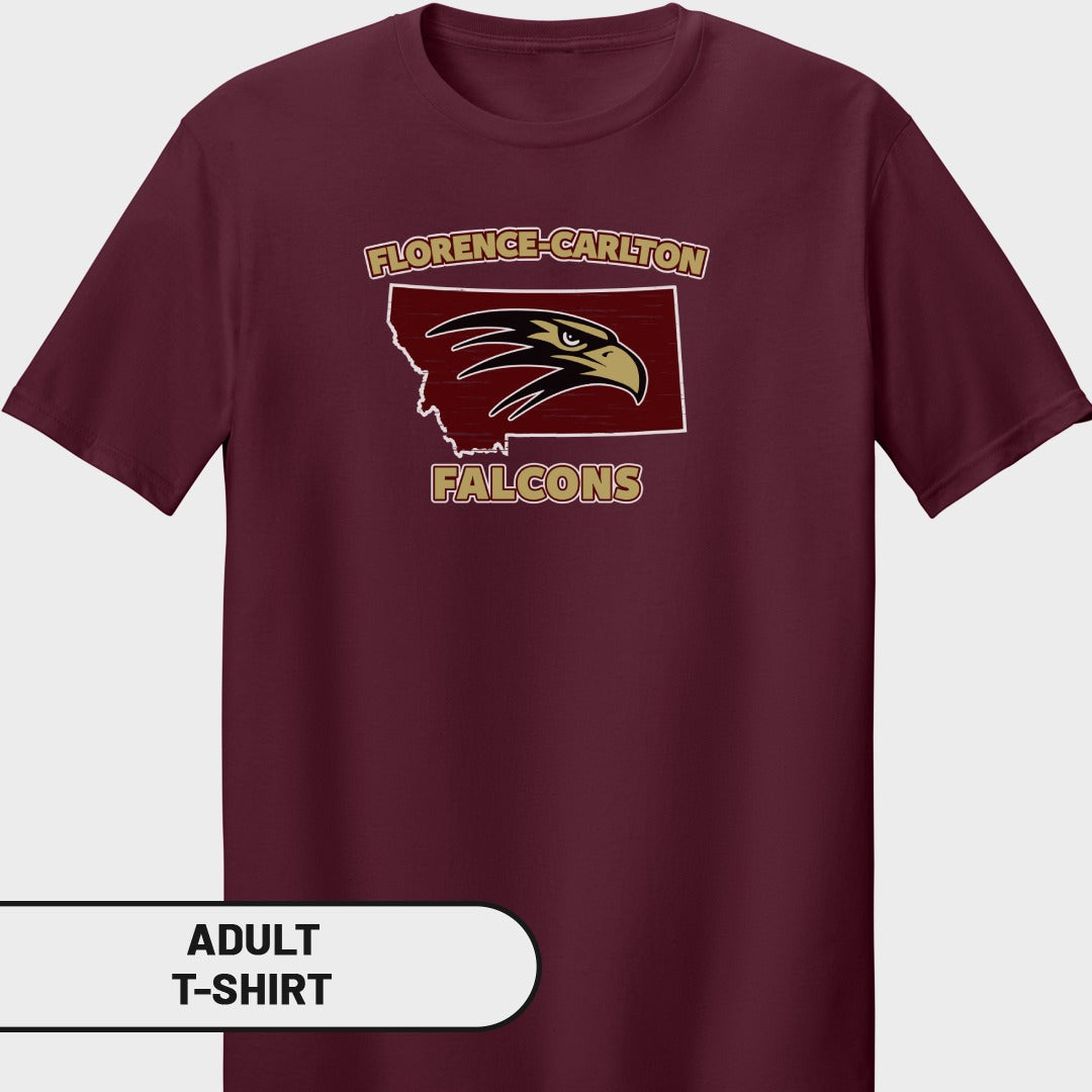 Maroon t-shirt with Montana map outline, falcon head, and "Florence-Carlton Falcons" text.