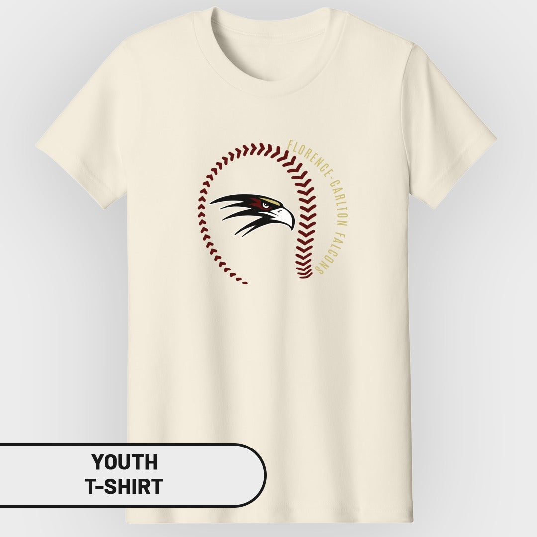 Cream youth t-shirt with a circular baseball stitch logo featuring an eagle head and "Florence-Carlton Falcons" text.