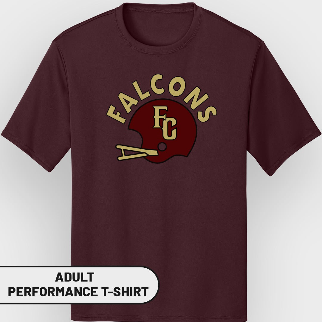 Maroon adult performance t-shirt with Falcons FC helmet logo.