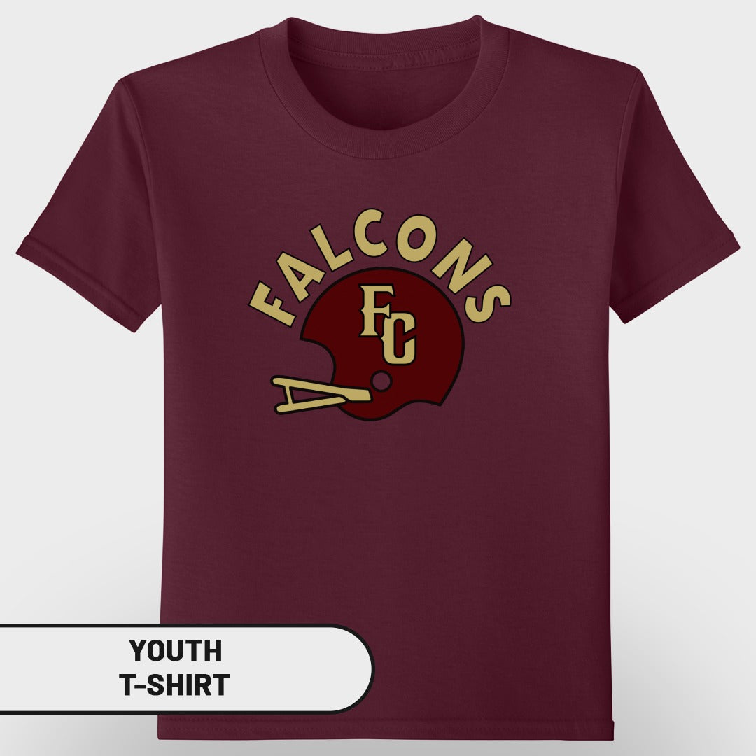 Maroon youth t-shirt with Falcons football helmet logo and text.