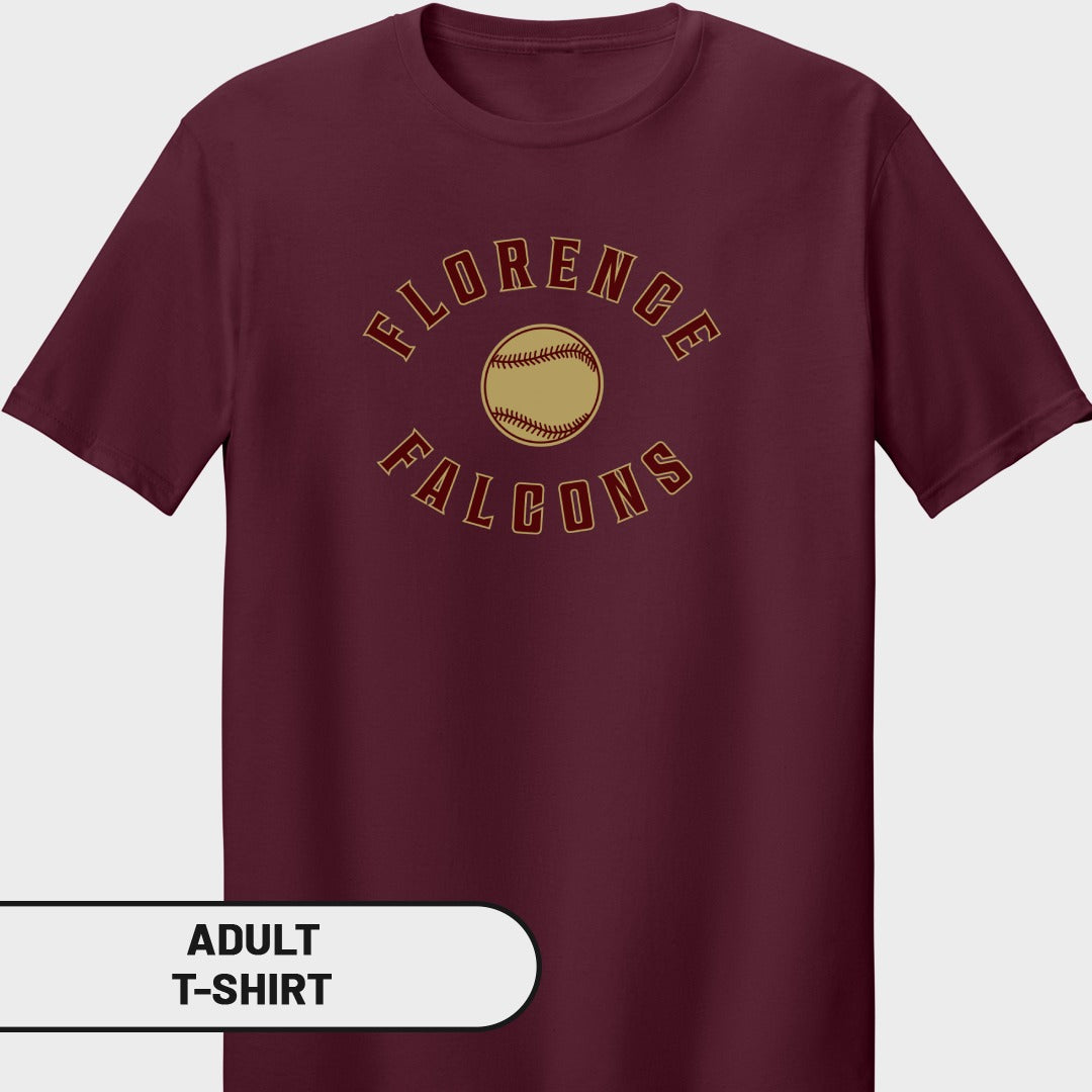 Maroon t-shirt with "Florence Falcons" text and baseball graphic.
