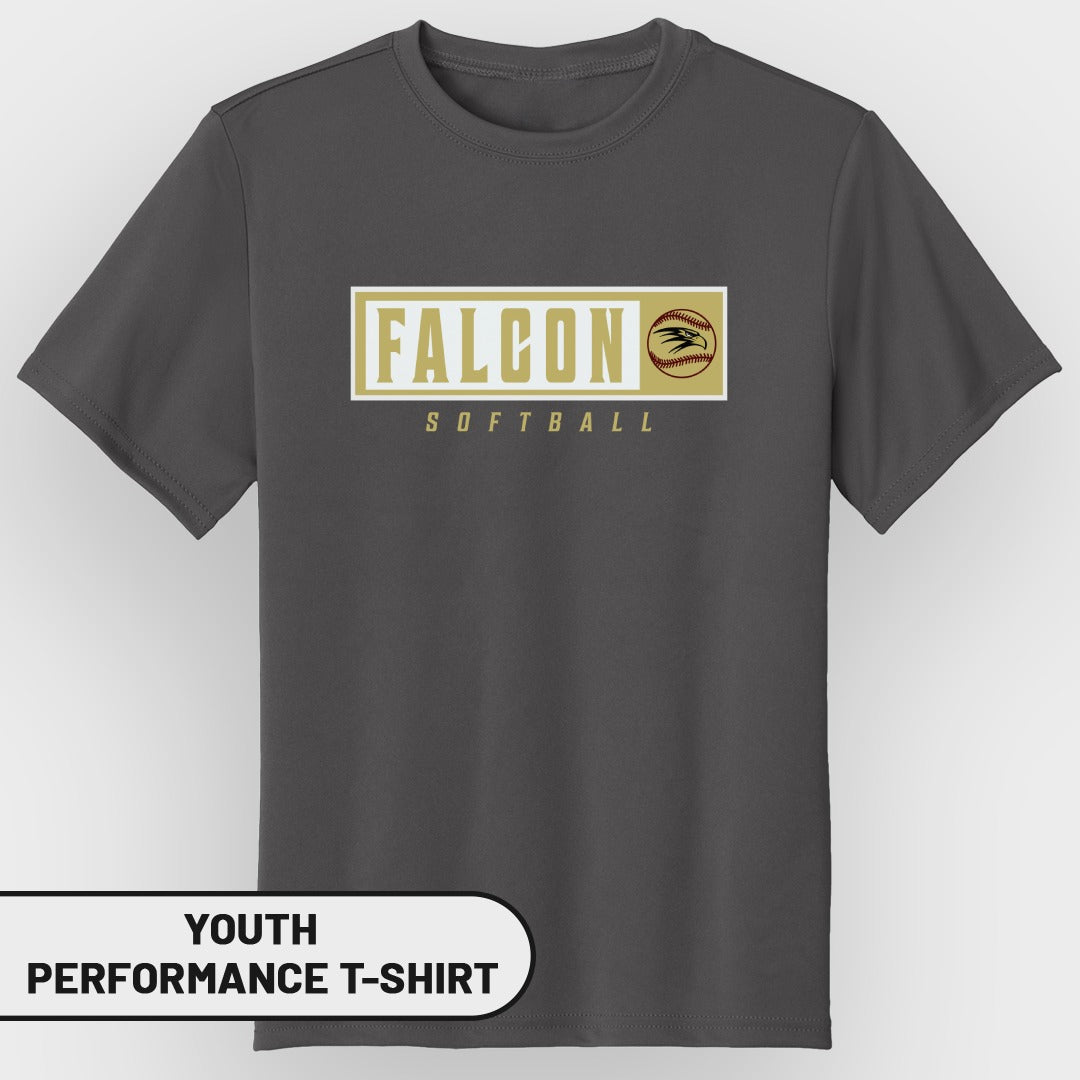 Youth performance t-shirt with "Falcon Softball" and a softball graphic.
