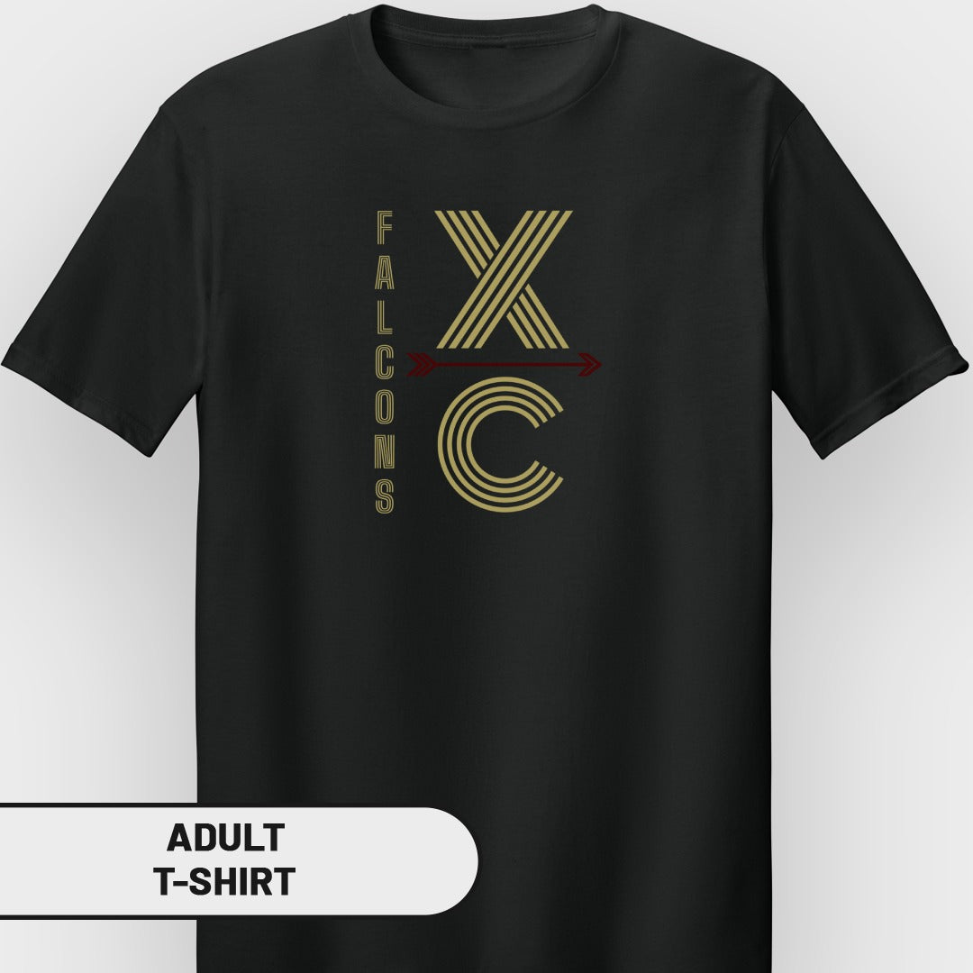 Black t-shirt with "FALCONS XC" graphic and red arrow.