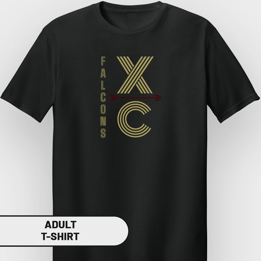 Black t-shirt with "FALCONS XC" graphic and red arrow.