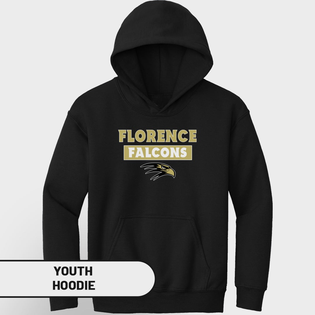 Black youth hoodie with "Florence Falcons" text and falcon logo.