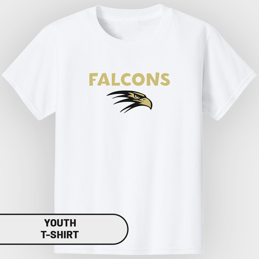 White youth t-shirt with "FALCONS" text and a stylized eagle head logo.
