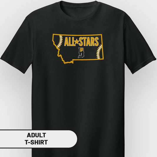 Black adult t-shirt with "All Stars" and Montana outline logo.