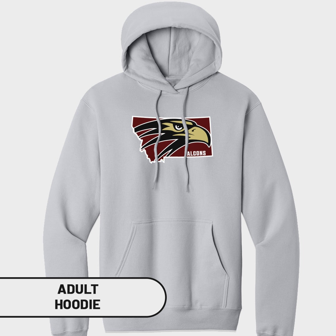 Light grey adult hoodie with "ALCONS" text and a falcon logo on a Montana outline.