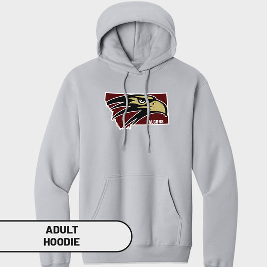 Light grey adult hoodie with "ALCONS" text and a falcon logo on a Montana outline.