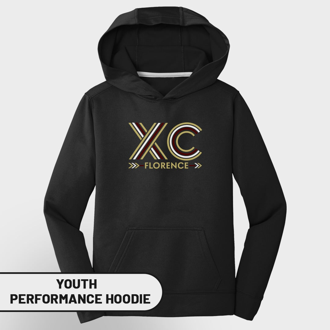 Black youth performance hoodie with "XC FLORENCE" graphic in red, gold, and white.