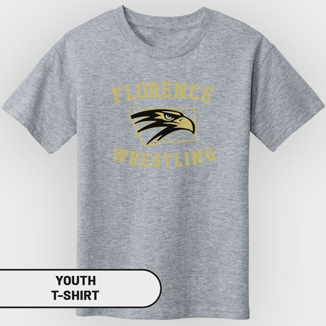 Youth grey t-shirt with "Florence Wrestling" text and eagle logo.