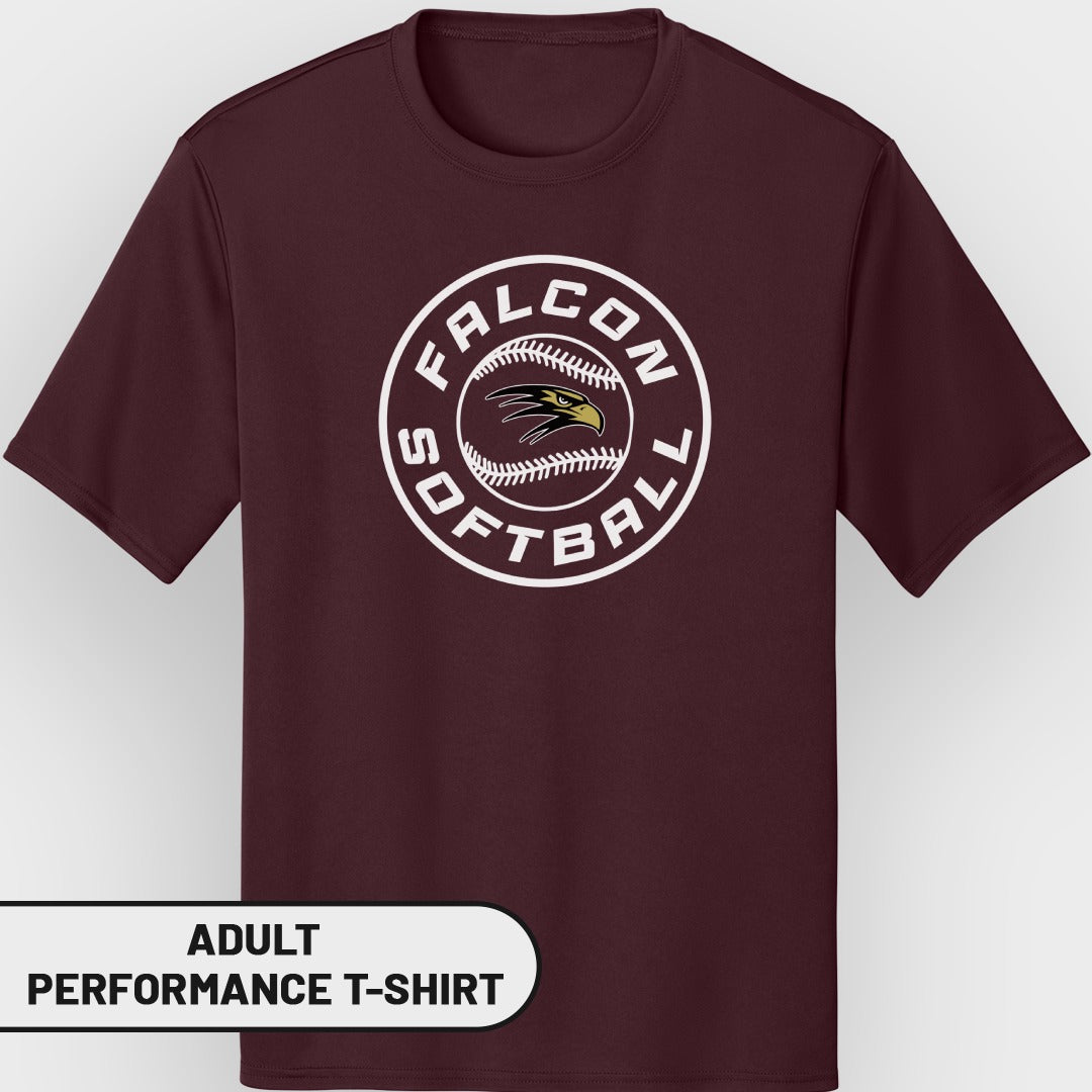 Maroon adult performance t-shirt with circular "FALCON SOFTBALL" logo and eagle graphic.