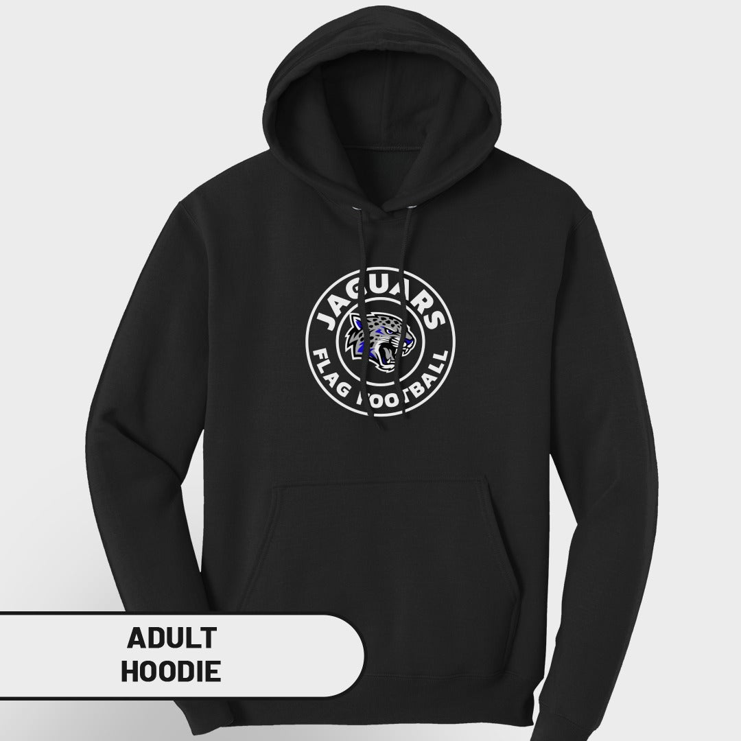 Black adult hoodie with a circular "Jaguars Flag Football" logo on the chest.