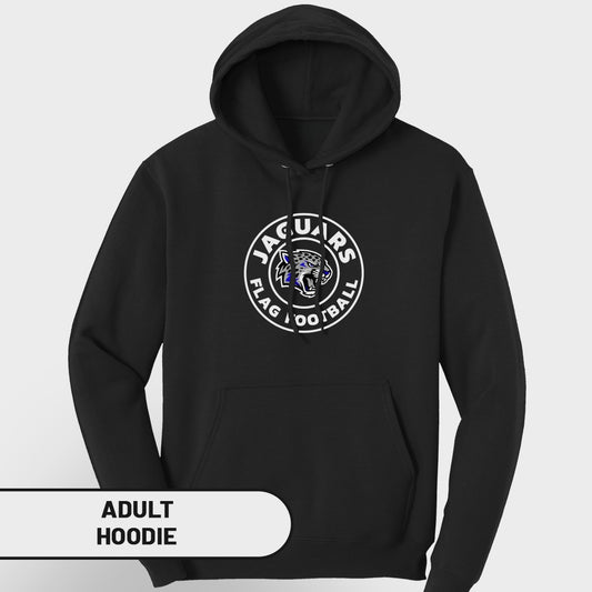 Black adult hoodie with a circular "Jaguars Flag Football" logo on the chest.