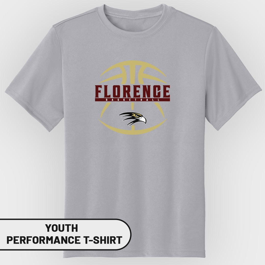 Grey youth performance t-shirt with Florence Basketball logo and eagle graphic.