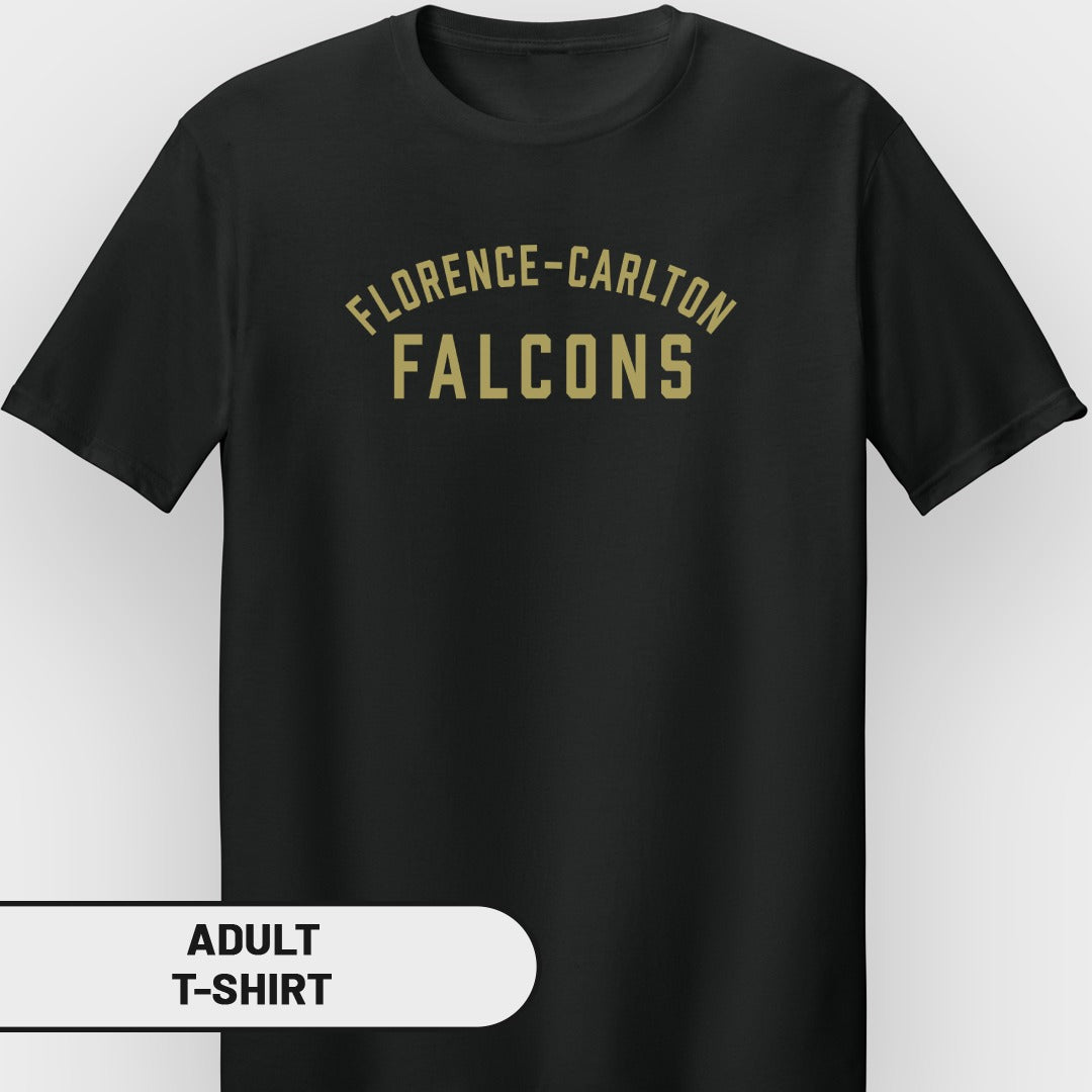 Black t-shirt with gold text "FLORENCE-CARLTON FALCONS".