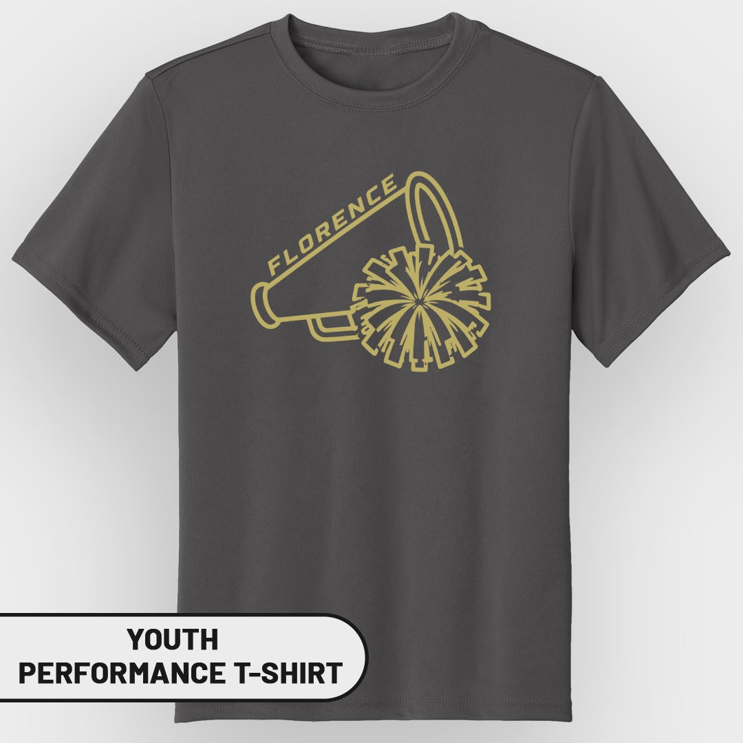 Dark gray youth performance t-shirt with gold megaphone and pom-pom graphic and "FLORENCE" text.