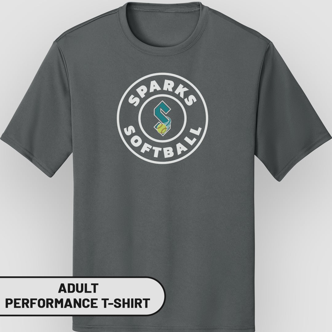 Adult performance t-shirt with Sparks Softball logo.