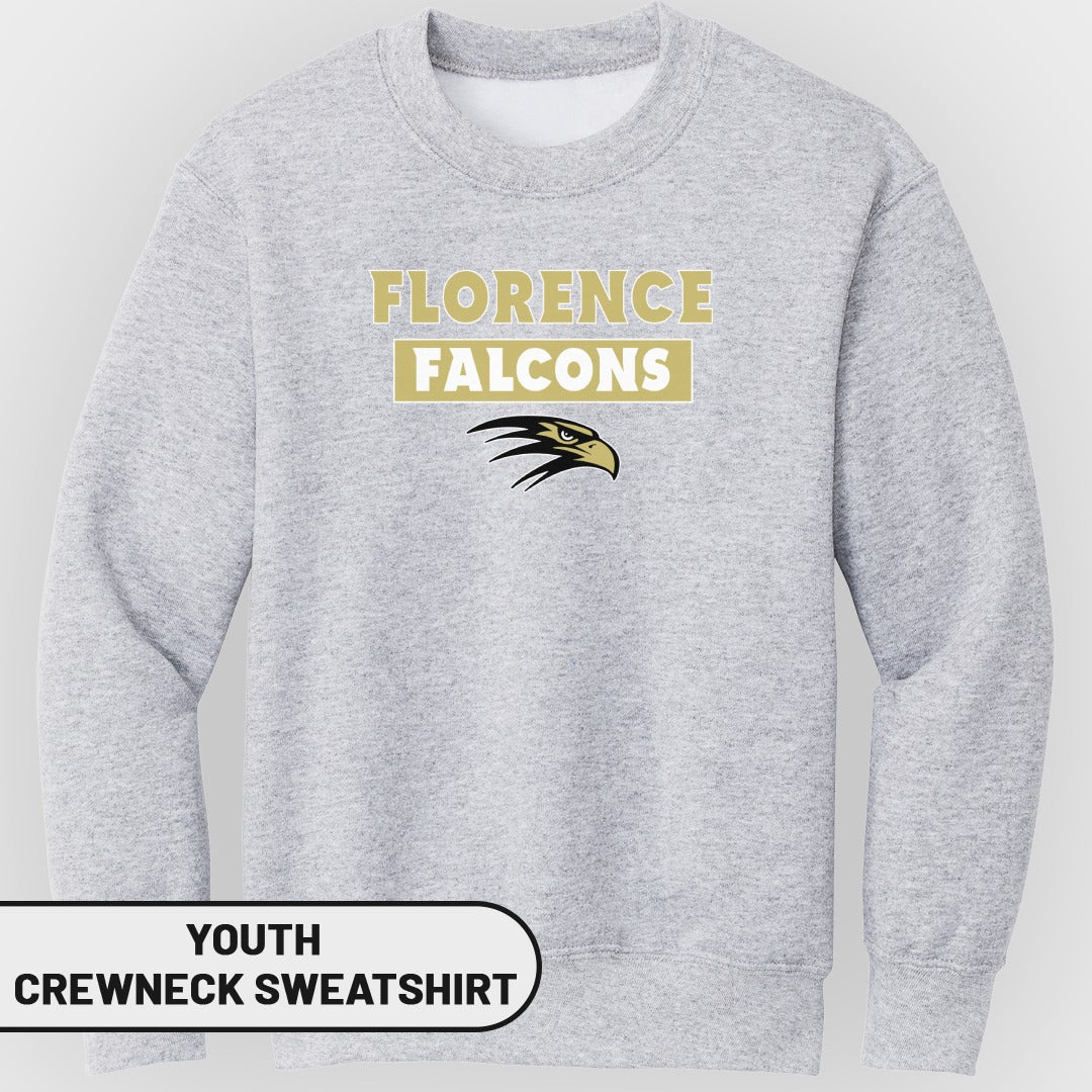 Grey youth crewneck sweatshirt with "Florence Falcons" and eagle logo.