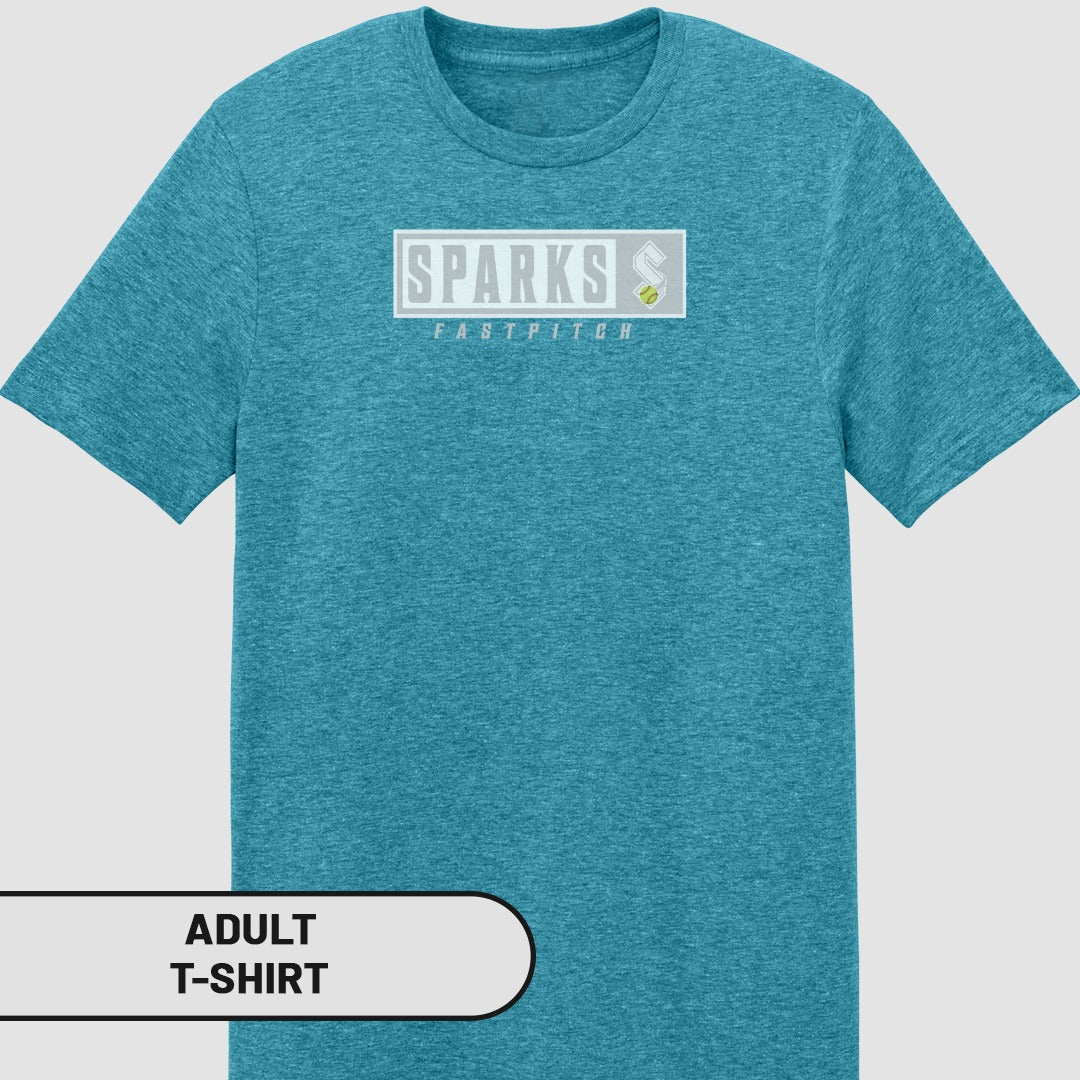 Teal adult t-shirt with "SPARKS FAST PITCH" logo.