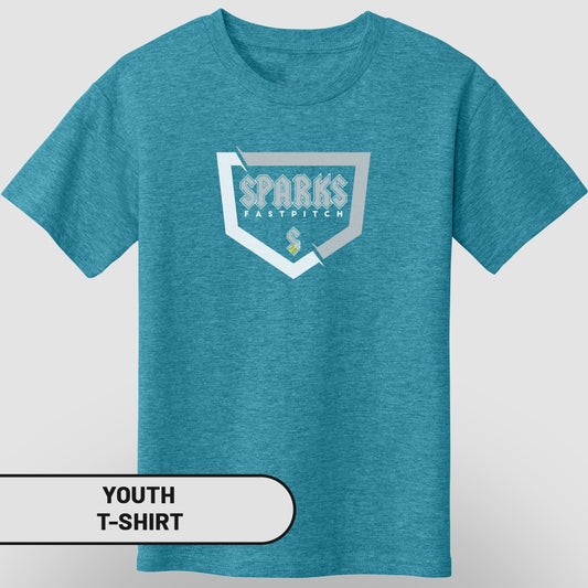 Youth t-shirt with "SPARKS FASTPITCH" logo on a teal background.