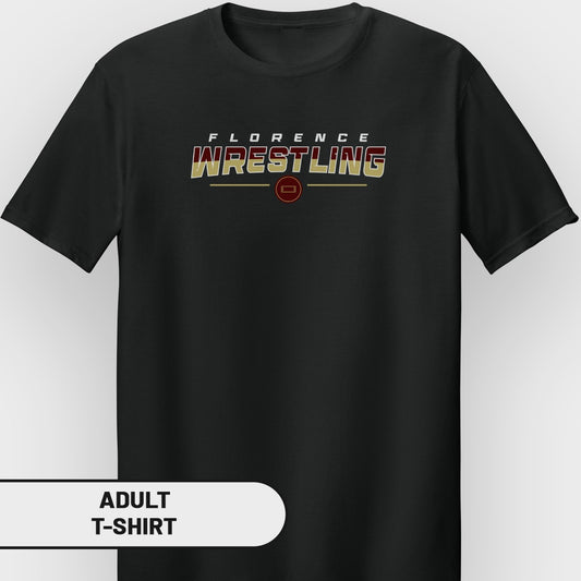 Black adult t-shirt with "Florence Wrestling" text and a circular logo.