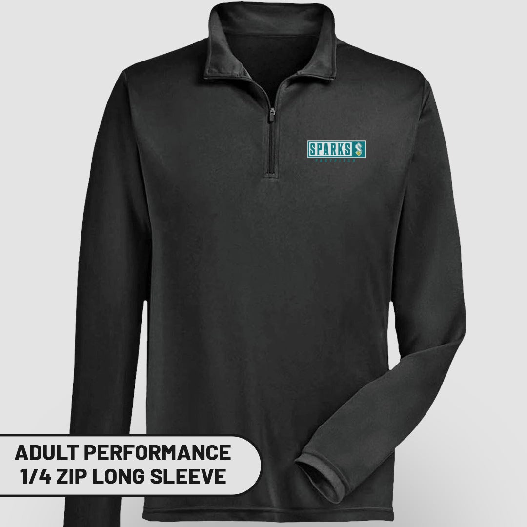 Black adult performance quarter-zip long sleeve shirt with Sparks logo.