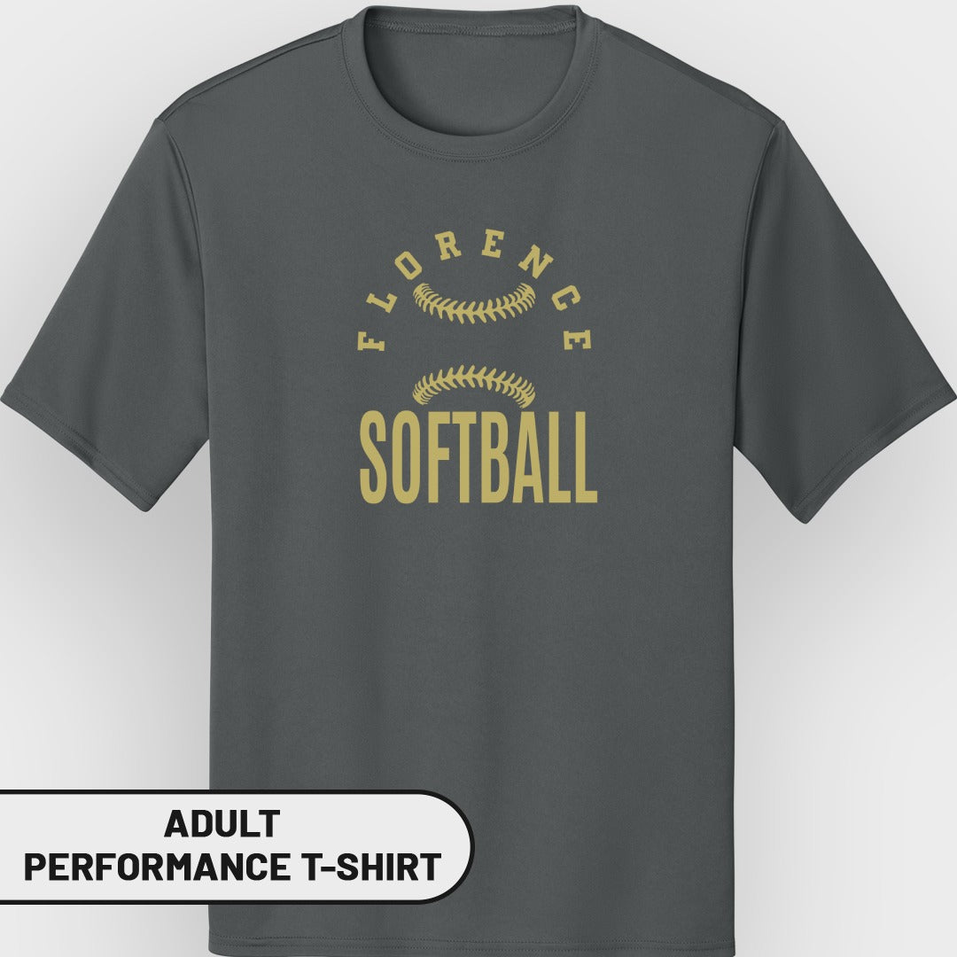 Dark grey adult performance t-shirt with "Florence Softball" text and baseball graphics.