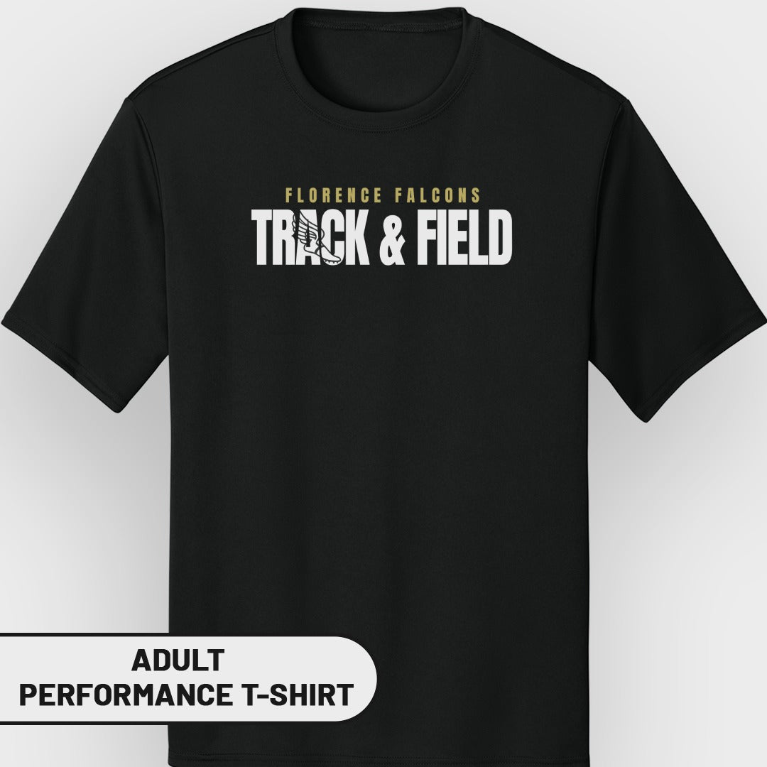Black adult performance t-shirt with "Florence Falcons Track & Field" text and graphic.
