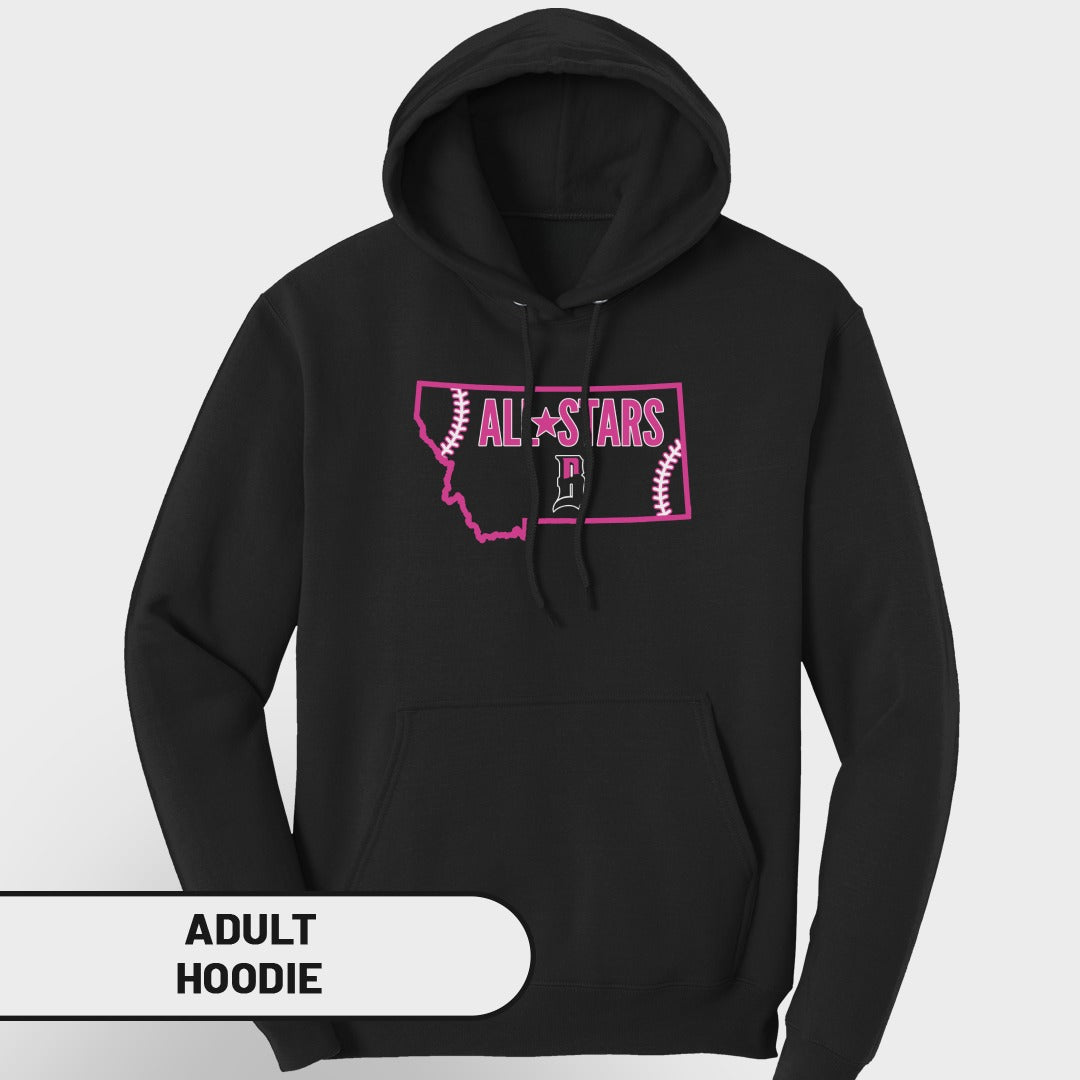 Black hoodie with pink "All Stars" logo over Montana outline.