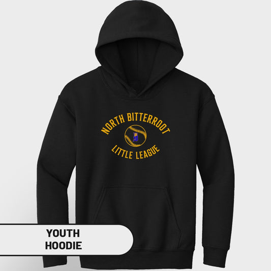 Black youth hoodie with North Bitterroot Little League logo.