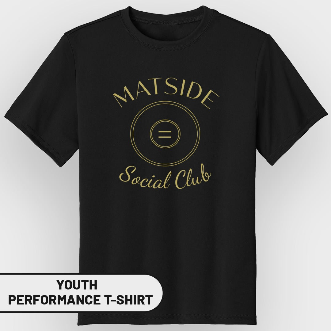 Black youth performance t-shirt with gold "Matside Social Club" graphic.