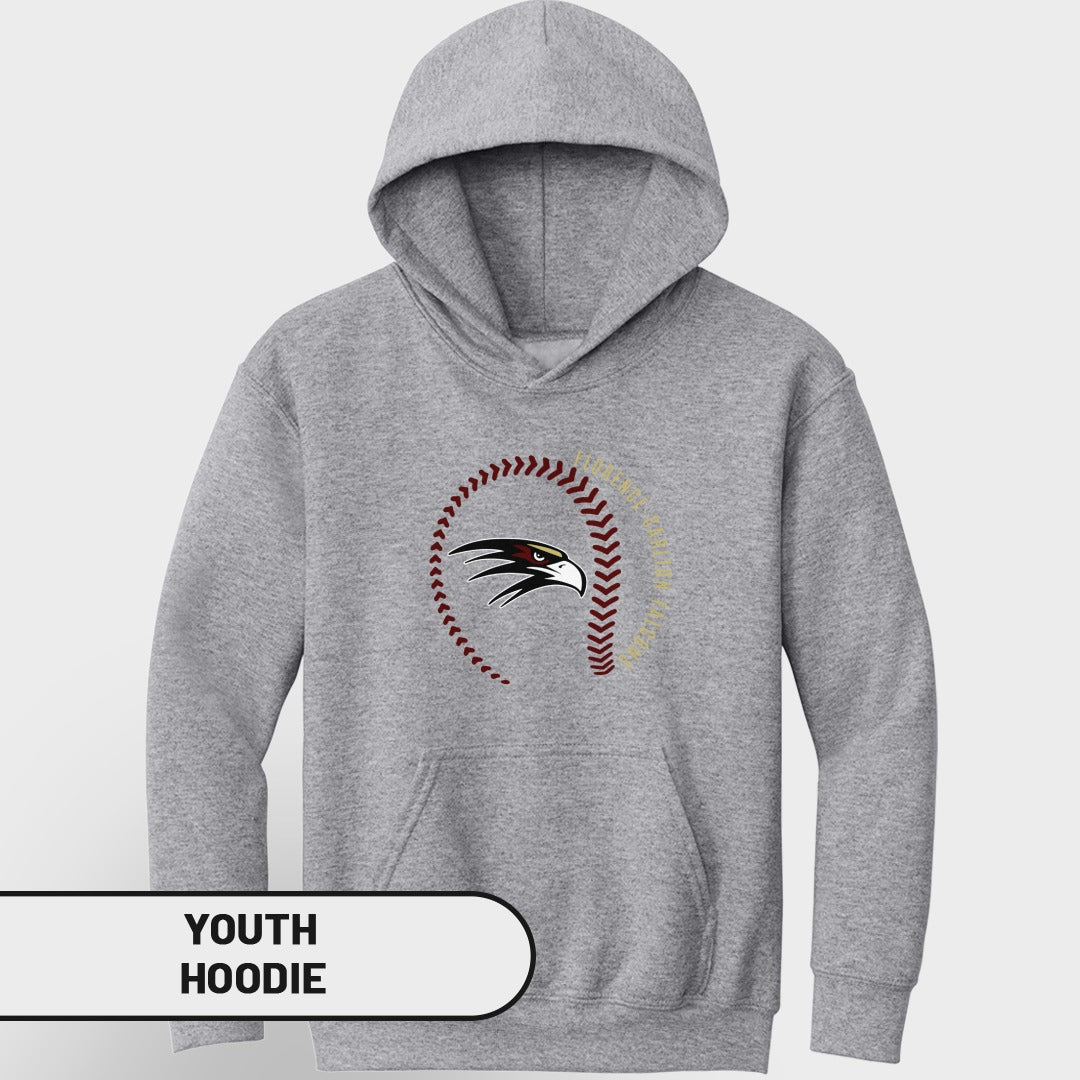 Grey youth hoodie with a baseball stitching graphic and eagle logo.