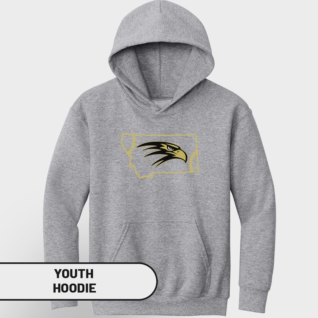 Grey youth hoodie with a Montana outline and eagle graphic.