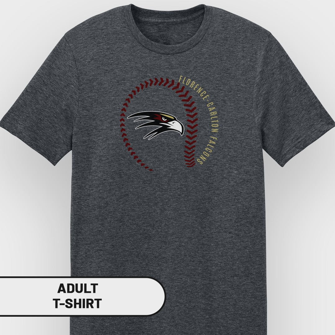 Dark grey t-shirt with a circular baseball stitch design featuring a falcon logo and "Florence Carlton Falcons" text.