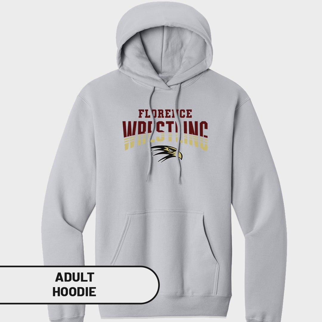 Light gray adult hoodie with "FLORENCE WRESTLING" and an eagle graphic.