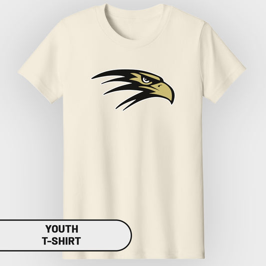 Youth t-shirt with black and gold eagle head logo.