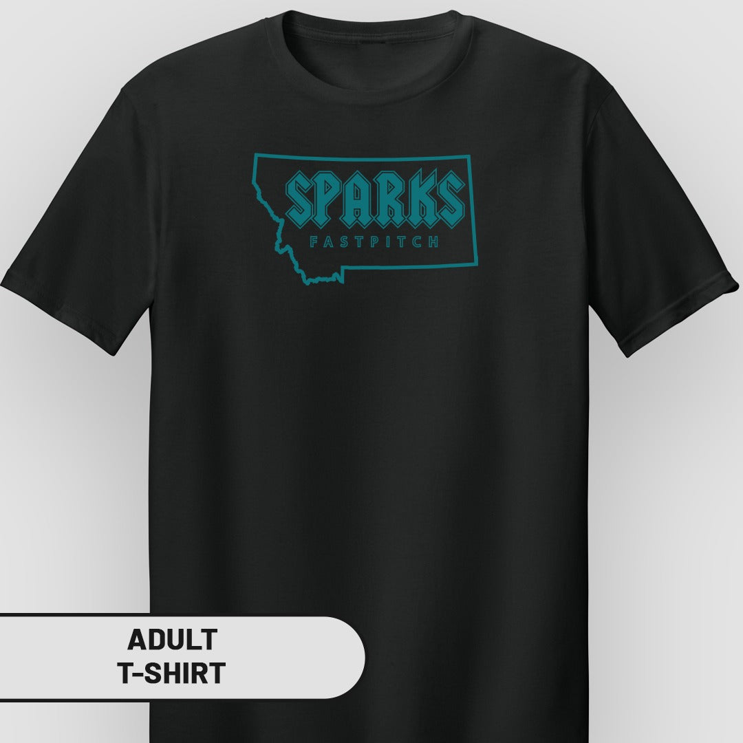 Black t-shirt with "SPARKS FASTPITCH" in teal outline within Montana state shape.