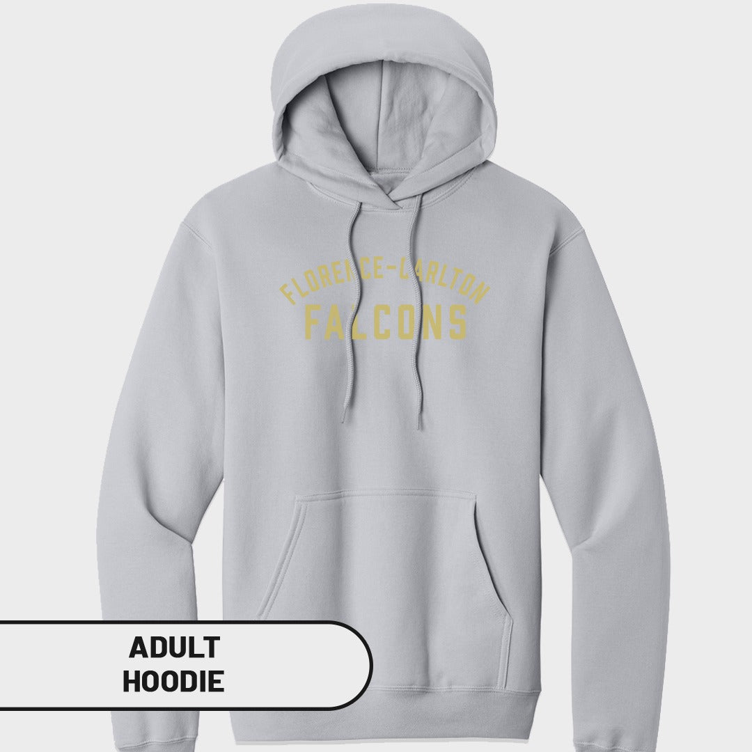 Grey adult hoodie with "FLORENCE-CARLTON FALCONS" text in yellow.