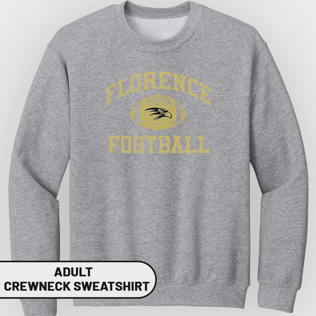 Grey adult crewneck sweatshirt with "Florence Football" and eagle graphic.