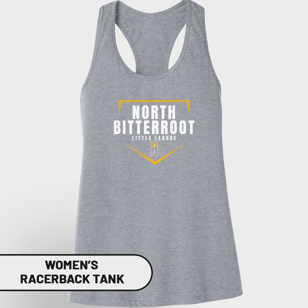 Gray women's racerback tank top with "North Bitterroot Little League" logo.