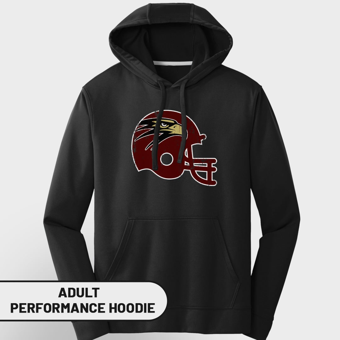 Black adult performance hoodie with maroon and gold distressed eagle helmet logo.