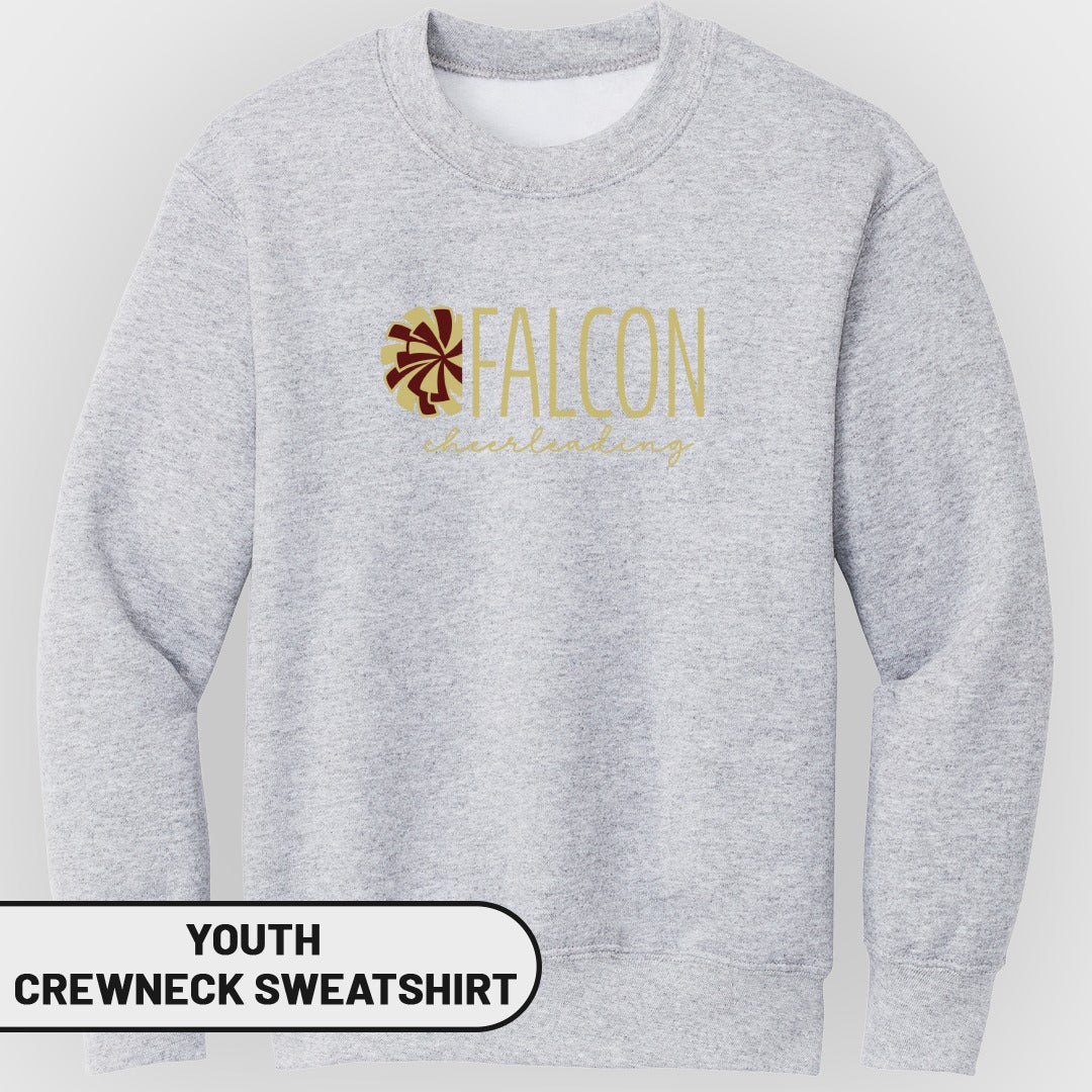 Youth gray crewneck sweatshirt with "FALCON cheerleading" graphic.