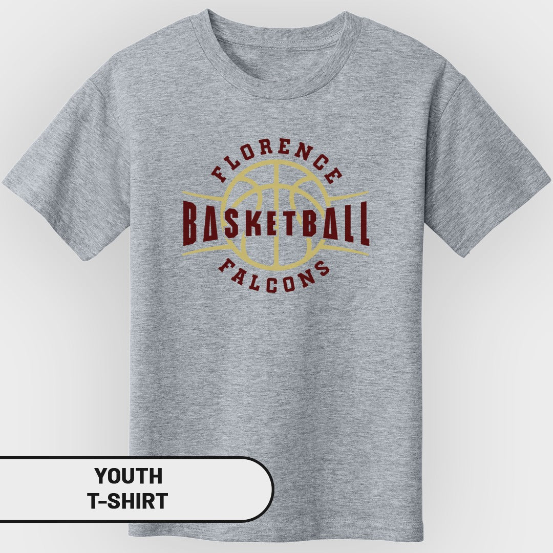 Grey youth t-shirt with maroon "Florence Basketball Falcons" graphic.