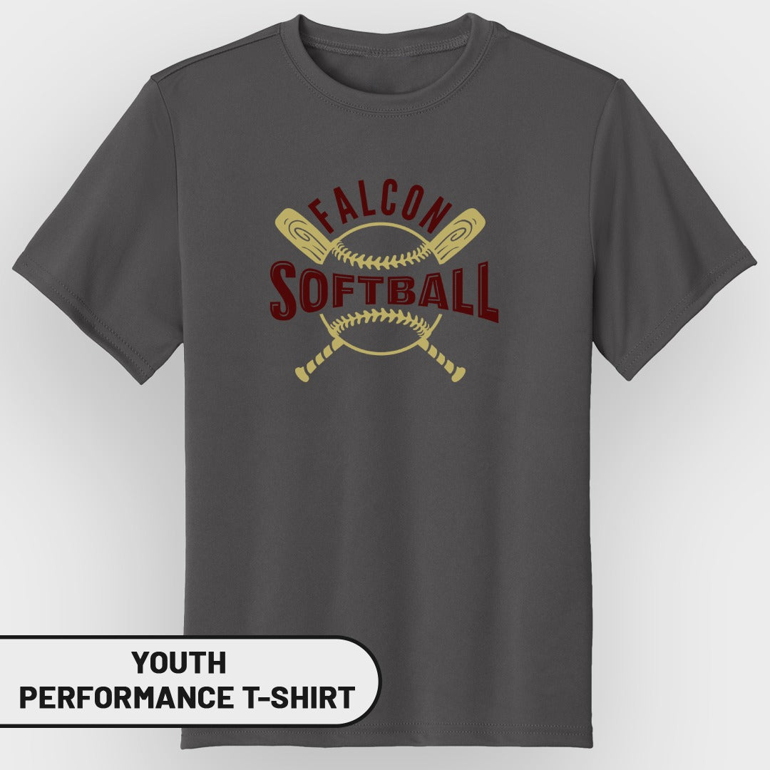 Youth performance t-shirt with a "Falcon Softball" graphic.