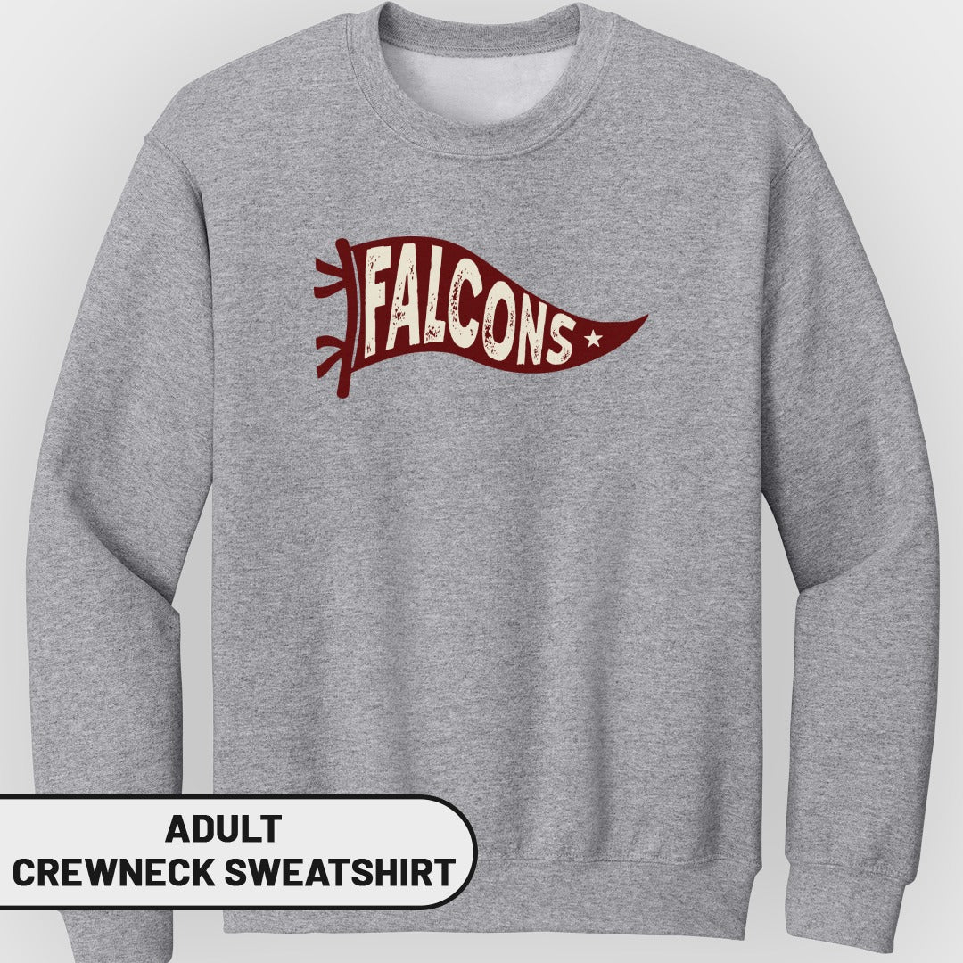 Adult crewneck sweatshirt with a vintage-style banner graphic that says "FALCONS".